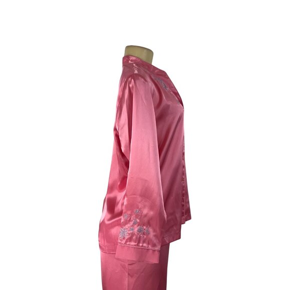 Morgan Taylor Luxurious Pink Satin Floral Embroidered Pajama Set Sz L - New - Picture 8 of 16